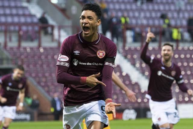 Sean Clare celebrates after giving Hearts the lead.