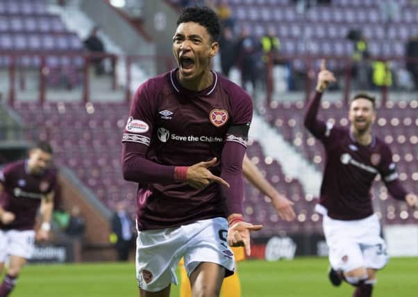 Sean Clare celebrates after giving Hearts the lead.