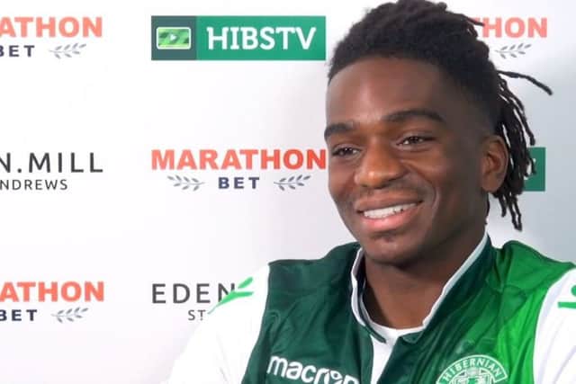 Stephane Omeonga has signed a loan deal with Hibs until the end of the season. Picture: Hibernian FC/Hibs TV