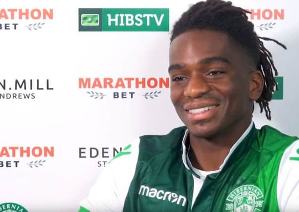 Stephane Omeonga has signed a loan deal with Hibs until the end of the season. Picture: Hibernian FC/Hibs TV