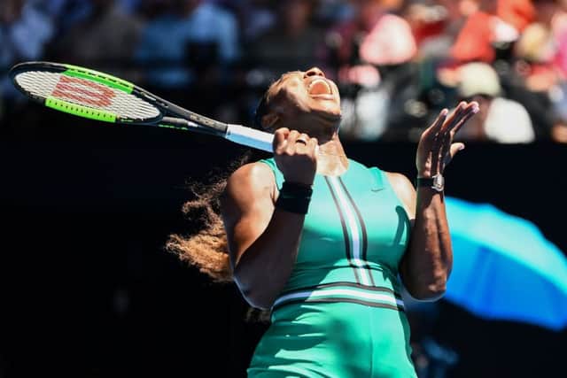 Serena Williams shows her frustration after losing a point against Karolina Pliskova during their quarter-final match. Picture: Jewel Samad/AFP/Getty