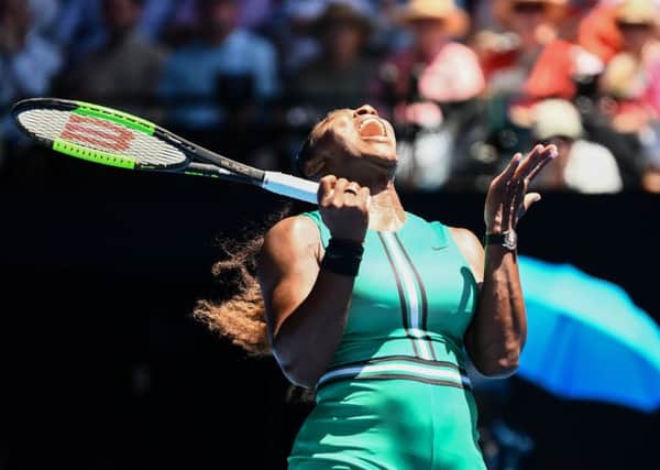 Serena Williams shows her frustration after losing a point against Karolina Pliskova during their quarter-final match. Picture: Jewel Samad/AFP/Getty