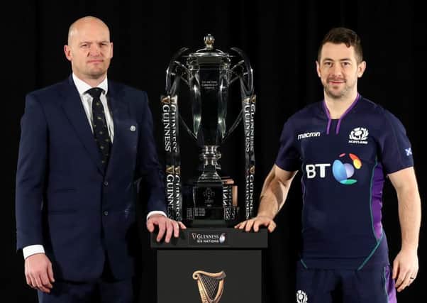Scotland coach Gregor Townsend and captain Greig Laidlaw pose with the trophy at the launch of the Six Nations in London on Wednesday.