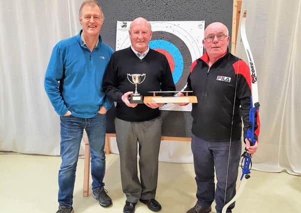 (left to right) Linburn Centre Officer and archery instructor, Tim Searles, Bill Stevens (veteran from Dunfermline who also attends Linburn and won the Novice Category of the Silver Arrow) and Jocky Elliott from Bonnyrigg.