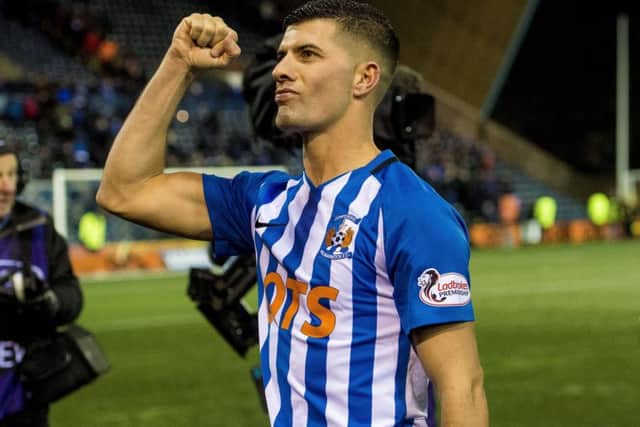 Kilmarnock's Jordan Jones celebrates at full-time after his winner against Rangers, the club he will join in the summer. Picture:  Ross MacDonald/SNS