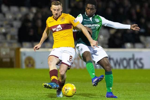 Stephane Omeonga made his debut for Hibs but couldn't help his new side as they went down 1-0 to Motherwell. Picture: SNS Group