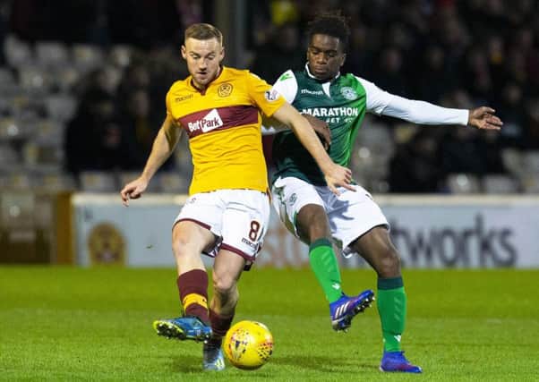 Stephane Omeonga made his debut for Hibs but couldn't help his new side as they went down 1-0 to Motherwell. Picture: SNS Group