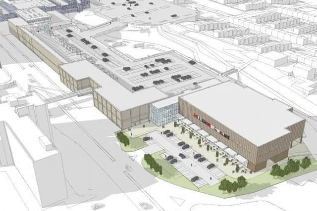 A 3D model of how the new cinema and restaurant development will fit in with the existing Cumbernauld town centre