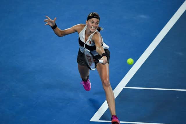 Petra Kvitova hits a return to Danielle Collins during their semi-final match at the Australian Open. Picture: William West/AFP/Getty Images