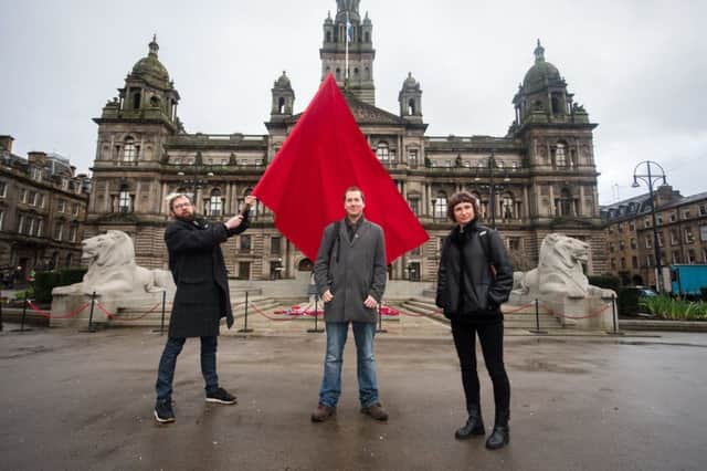 Battle of George Square walk organiser Dave Lees, Henry Bell and Poppy Kohner. Photograph: John Devlin