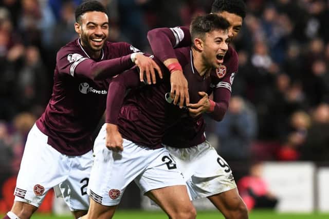 Hearts' Marcus Godinho celebrates his goal. Pic: SNS/Craig Foy