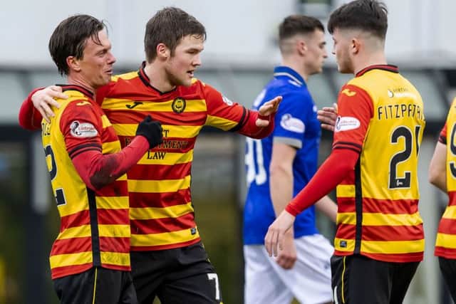 Partick Thistle's Joe Cardle(L) celebrates his goal with Aidan Fitzpatrick. Pic: SNS/Roddy Scott