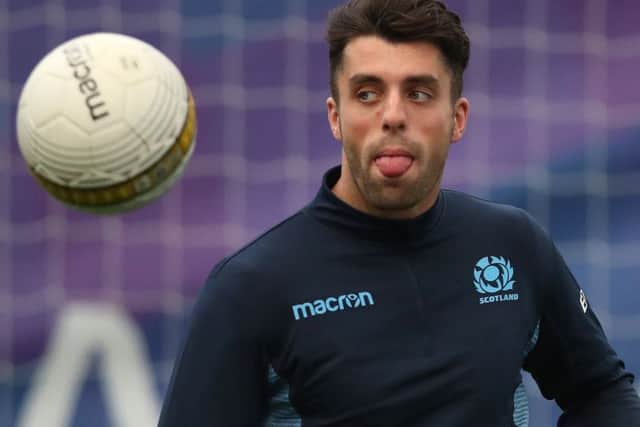 Stand-off Adam Hastings has a game of football at Oriam, part of a training session as Scotlands rugby squad prepare to host Italy. Picture: Ian MacNicol/Getty Images