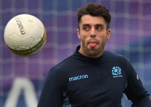 Stand-off Adam Hastings has a game of football at Oriam, part of a training session as Scotlands rugby squad prepare to host Italy. Picture: Ian MacNicol/Getty Images