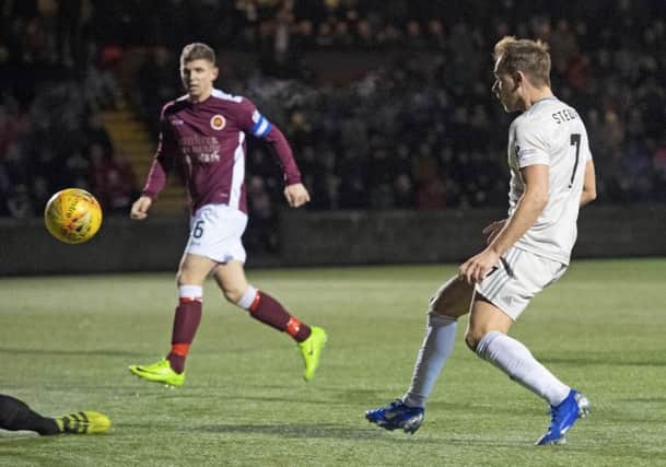 Greg Stewart scores his first goal for Aberdeen since arriving on loan to give his side a three-goal lead at Stenhousemuir. Picture: SNS.