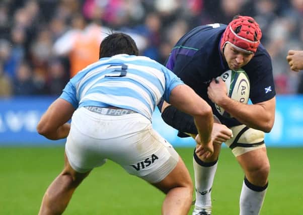 Grant Gilchrist, in action against Argentina last November, may be paired with  Jonny Gray in the second row. Picture: SNS/SRU.