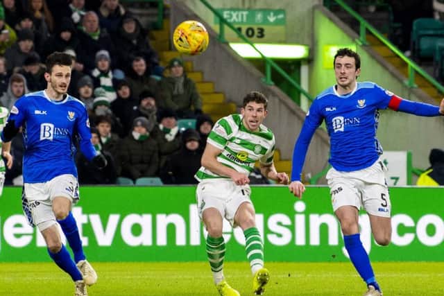 Ryan Christie watches his shot head goalwards as he doubles Celtic's lead against St Johnstone. Picture: SNS