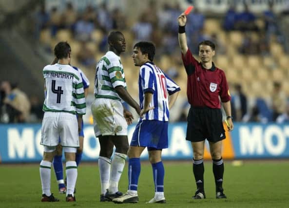 Bobo Balde is sent off during the 2003 Uefa Cup final. Picture: Getty