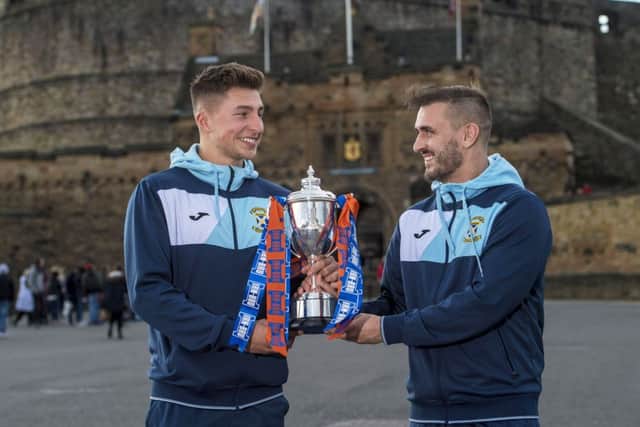East Fife's Jonny Court and Scott Linton with the Irn Bru Challenge Cup. Pic: SNS/Bill Murray