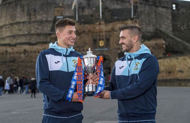 East Fife's Jonny Court and Scott Linton with the Irn Bru Challenge Cup. Pic: SNS/Bill Murray