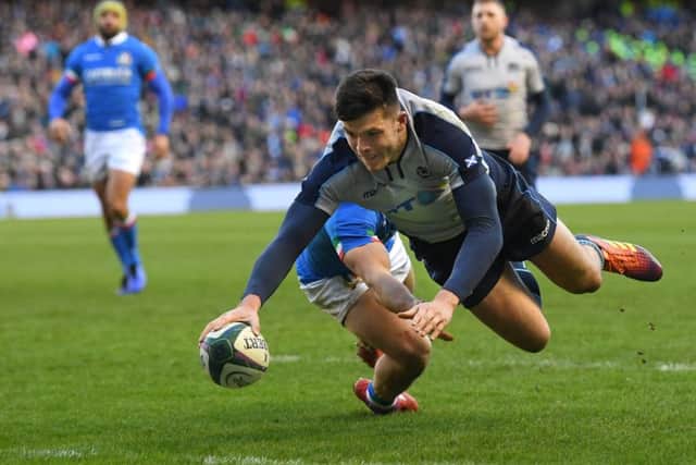 Blair Kinghorn scores the second of his three tries at Murrayfield, putting the Scots in command. Photograph: Stu Forster/Getty