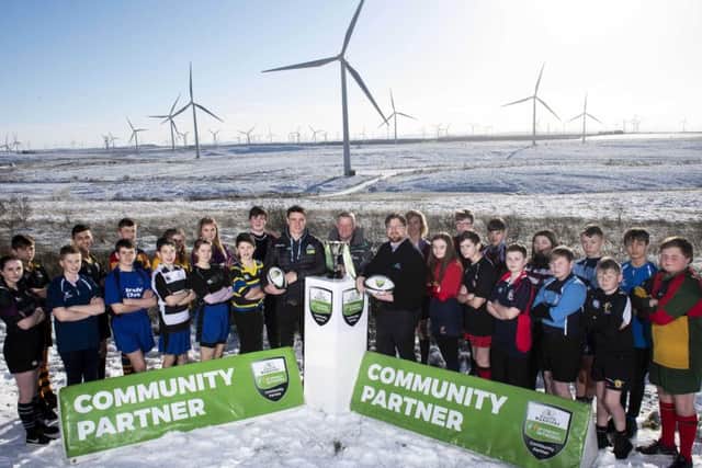 The launch of the Scottish Power Energy Networks Warriors Championship. Pictured are players from participating schools with l/r Lee Jones (Glasgow Warriors player), Frank Mitchell (CEO, SP Energy Networks) and Nathan Bombrys (Managing Director, Glasgow Warriors). Pic: SNS Group/SRU