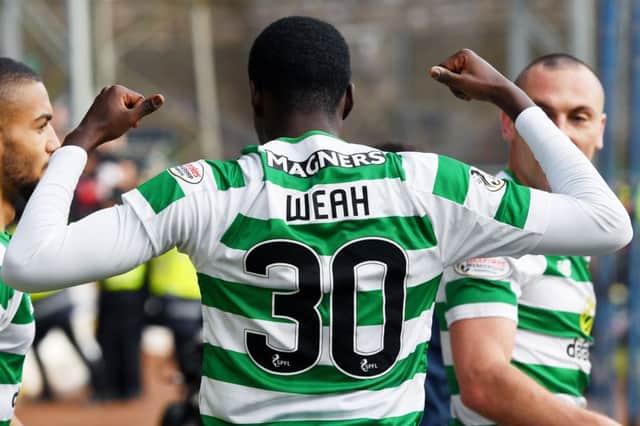 Timothy Weah celebrates after scoring Celtic's second. Picture: SNS