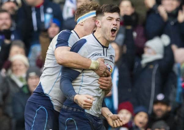 Blair Kinghorn celebrates his third try. Picture: SNS Group