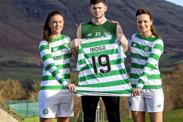 Flanked by Kelly Clark, left, and Cheryl McCulloch, Oliver Burke helps announce Indigo Unified Communications as the new shirt sponsor of the Celtic Womens team. Picture: SNS.