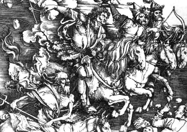 The Four Horsemen of the Apocalypse ride across the Earth in this engraving from circa 1500 (Picture: Hulton Archive/Getty)