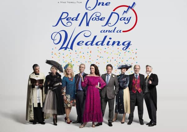 A photo of the cast of Four Weddings And A Funeral (left to right) Rowan Atkinson (Father Gerald), Kristin Scott Thomas (Fiona), Sophie Thompson (Lydia), John Hannah (Matthew), Andie MacDowell (Carrie), Hugh Grant (Charles), Anna Chancellor (Henrietta), David Haig (Bernard), James Fleet (Tom) reunited for One Red Nose Day And A Wedding. Picture: Comic Relief/PA Wire