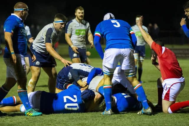 Scotland's Charlie Jupp scores a try in the U20 international against Italy in Galashiels. Picture: Bruce White/SNS