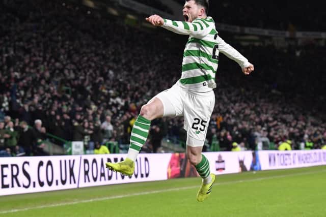 Oli Burke celebrates after netting Celtic's second of the night. Picture: SNS Group