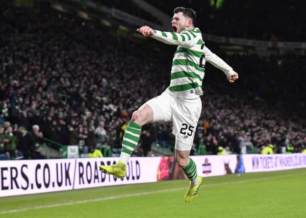 Oli Burke celebrates after netting Celtic's second of the night. Picture: SNS Group
