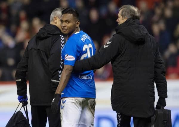 Alfredo Morelos walks off the pitch after receiving his third red card against Aberdeen this season. Picture: SNS Group