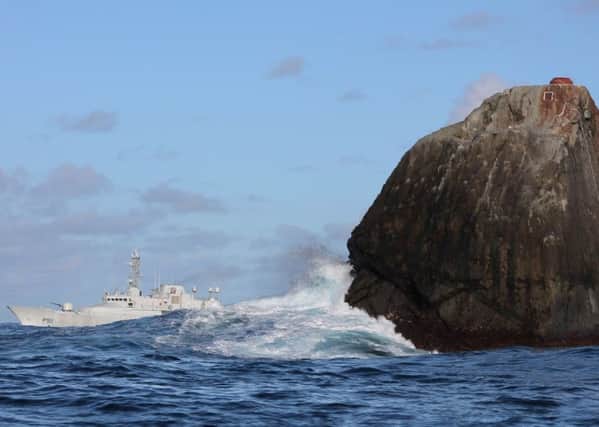 The island of Rockall with Irish naval vessel HE Roisin. PIC: Creative Commons/Irish Defence Forces.