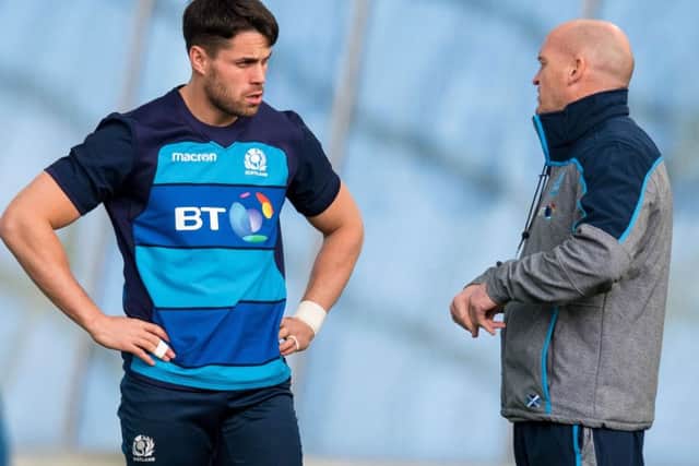 Gregor Townsend, right, talks to Sean Maitland, who has been restored to the starting XV. Picture: SNS Group