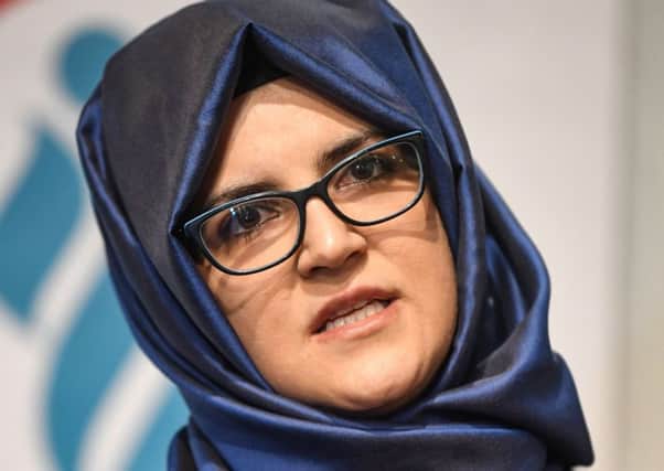 Hatice Cengiz, fiancee of Jamal Khashoggi speaks to media(Photo by OZAN KOSE / AFP)OZAN KOSE/AFP/Getty Images