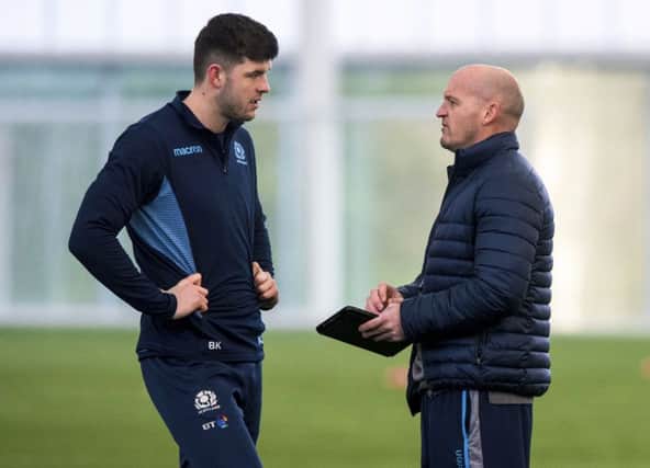 Gregor Townsend, right, talks to winger Blair Kinghorn at training. The Scotland coach dropped last weeks hat-trick hero to make way for Sean Maitland against Ireland. Picture: Alan Harvey/SNS