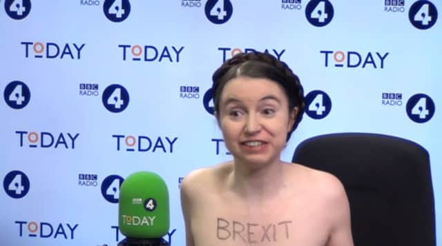Dr Victoria Bateman, an economics fellow at Cambridge University, during an interview with John Humphreys on BBC Radio 4's Today programme, in which she appeared with no clothes on and the words "Brexit leaves Britain naked" written across her body. Photo: BBC Radio 4 Today/PA Wire