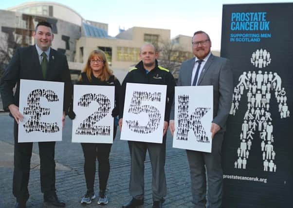 Miles Briggs MSP, Miriam Lang and Jamie Cook from William Hill, and Gerard McMahon of Prostate Cancer UK, celebrate the success of the awareness campaign, which also raised £25,000