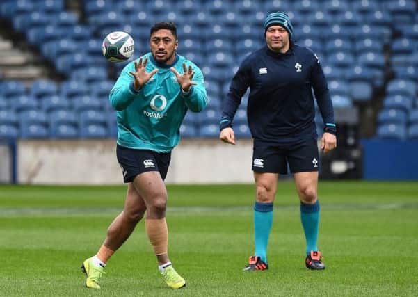 Ireland's Bundee Aki and Rory Best train at Murrayfield. Picture: Andy Buchanan/AFP/Getty Images