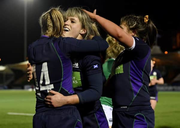 Scotland celebrate Hannah Smith's try. Picture: