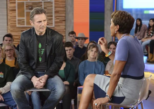 Liam Neeson talks to co-host Robin Roberts on Good Morning America in an effort to explain his comments about racist rage. Picture: Lorenzo Bevilaqua/ABC/PA