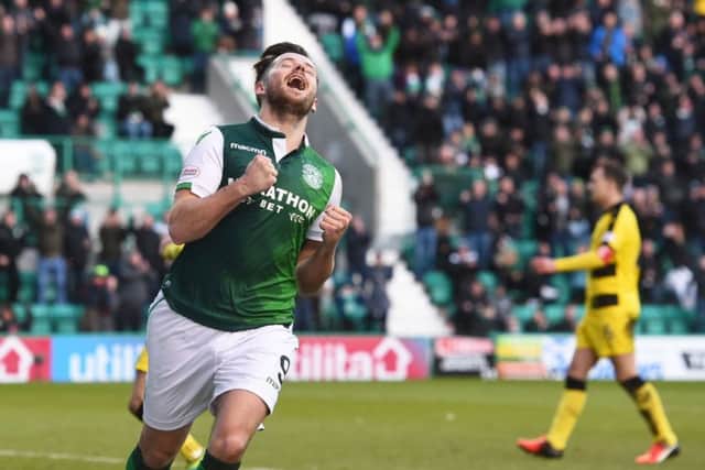 Hibernian's Marc McNulty celebrates his goal. Pic: SNS/Craig Foy