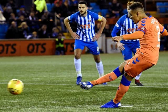 Rangers' James Tavernier's penalty is saved by Kilmarnock goalkeeper Daniel Bachman. Pic: SNS/Rob Casey