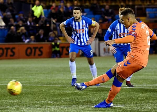 Rangers' James Tavernier's penalty is saved by Kilmarnock goalkeeper Daniel Bachman. Pic: SNS/Rob Casey
