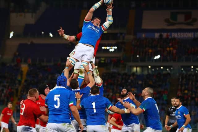 Sebastian Negri da Ollegio of Italy claims the ball in the lineout against Wales. Picture: Michael Steele/Getty Images