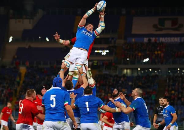 Sebastian Negri da Ollegio of Italy claims the ball in the lineout against Wales. Picture: Michael Steele/Getty Images