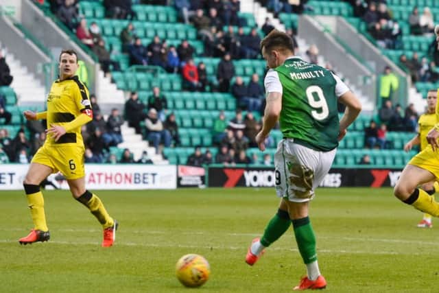 Marc McNulty  fires in Hibs third goal against Raith Rovers, after a tumultuous week for his family. Picture: SNS.